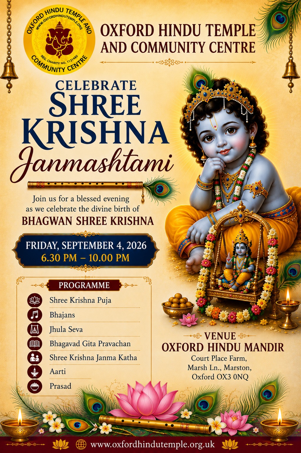 Shree Krishna Janmashtami — Oxford Hindu Mandir, Friday 4 September 2026