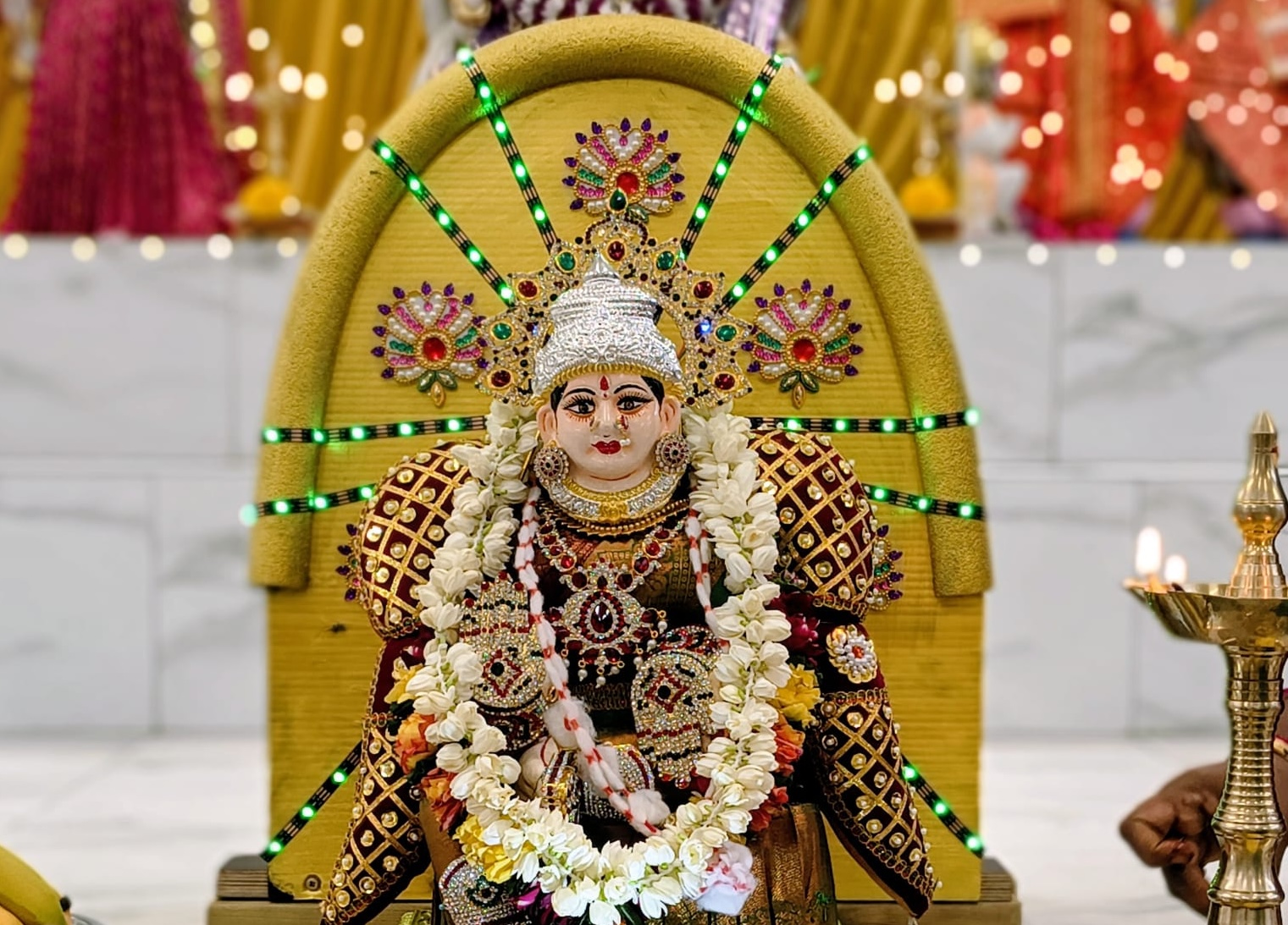 Goddess Lakshmi adorned during Vara Mahalakshmi vrat at Oxford Hindu Mandir