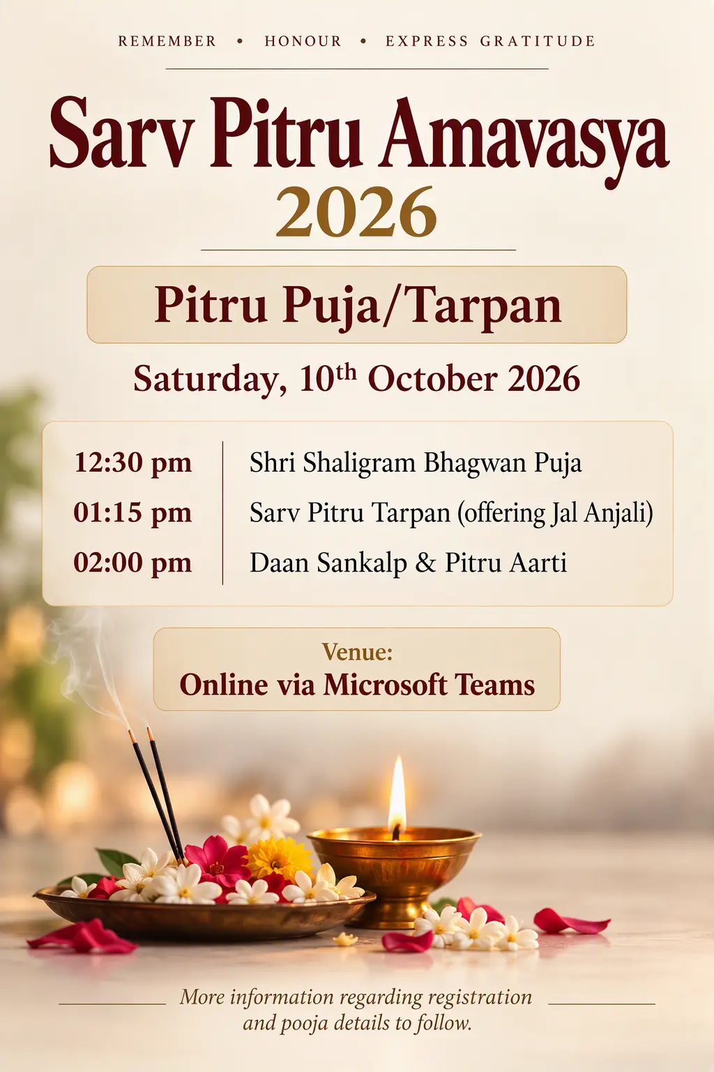 Sarva Pitru Amavasya 2026 poster — Pitru Puja / Tarpan at Oxford Hindu Mandir