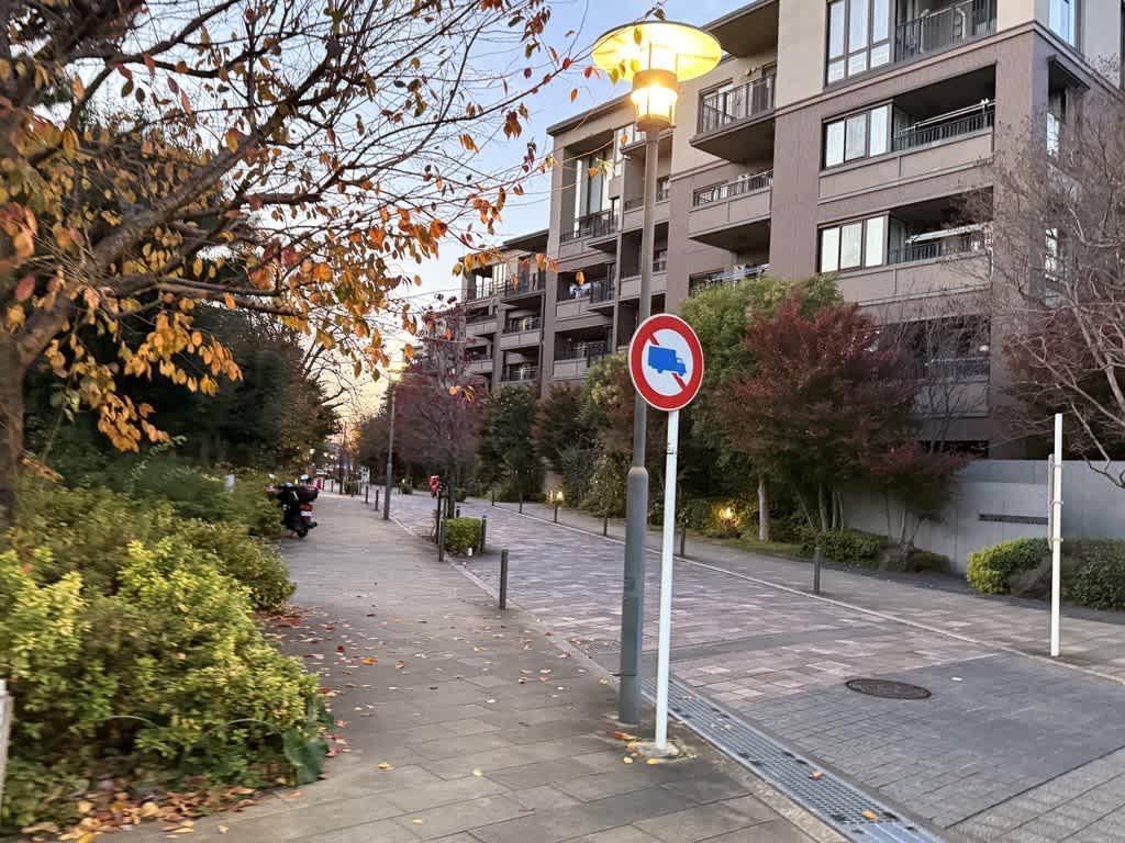 秋の木々と集合住宅が並ぶ石畳の通りの入り口。街灯が灯り、落ち葉が散らばる静かな風景