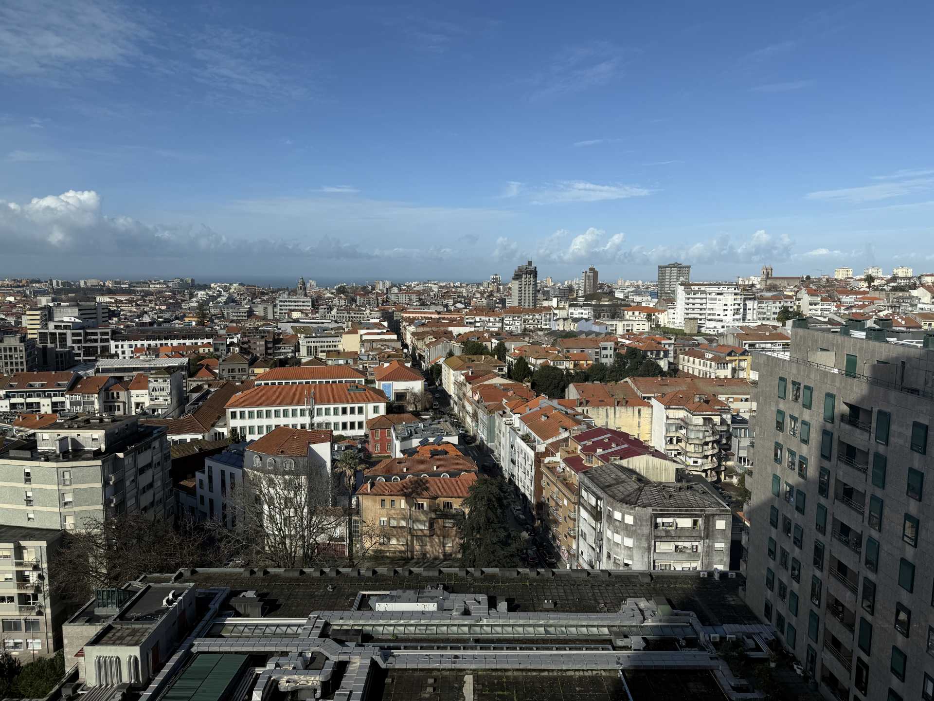 高所から見下ろした市街地のパノラマ。赤い屋根の建物群と遠景の高層ビル、広い青空が広がる。