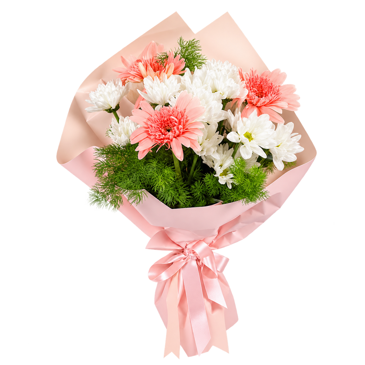 Pembe gerbera ve beyaz papatya buketi
