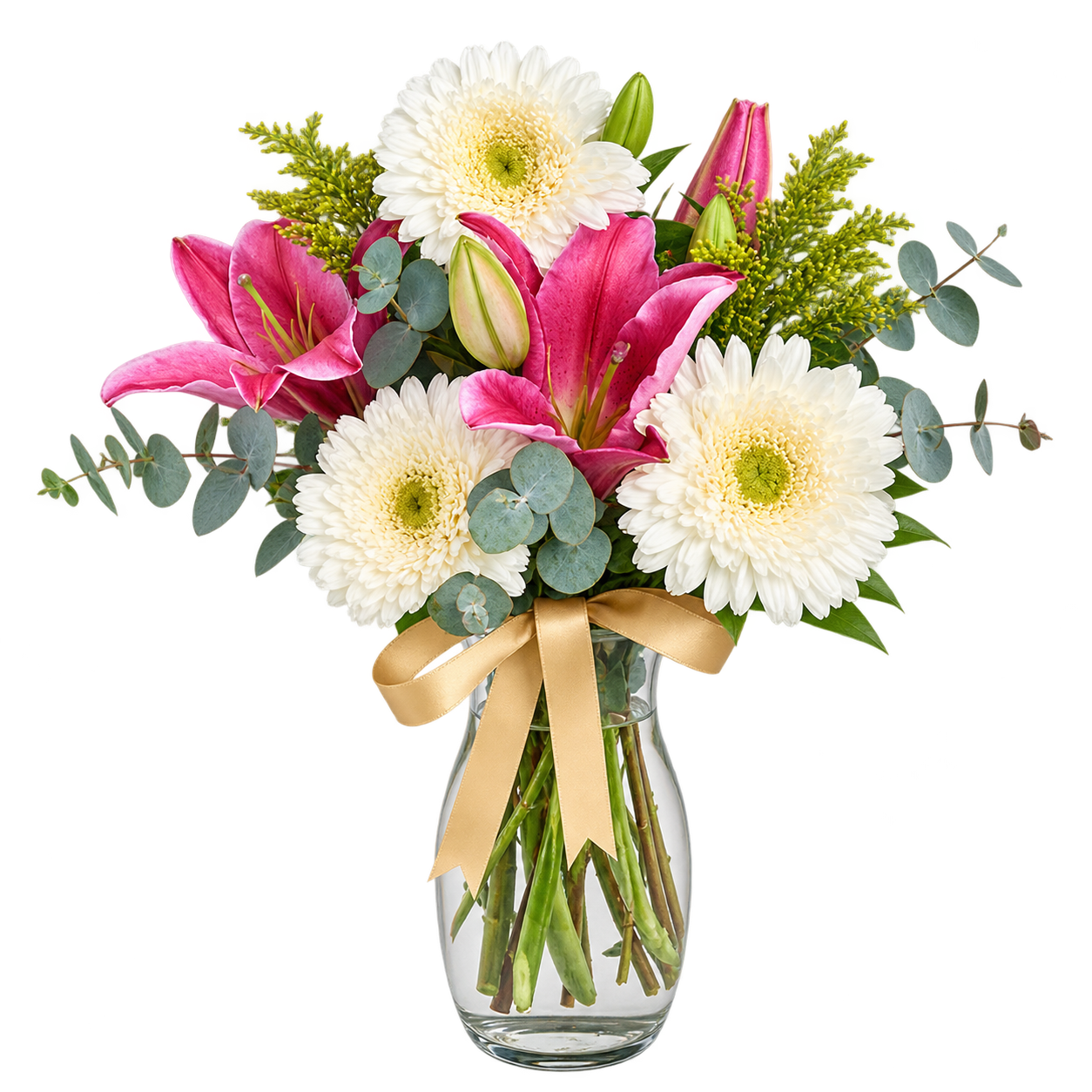 Pembe lilyum ve beyaz gerbera vazo aranjmanı