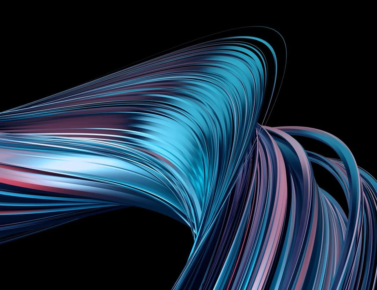 Abstract ribbons of blue and pink light twisting together on a black background