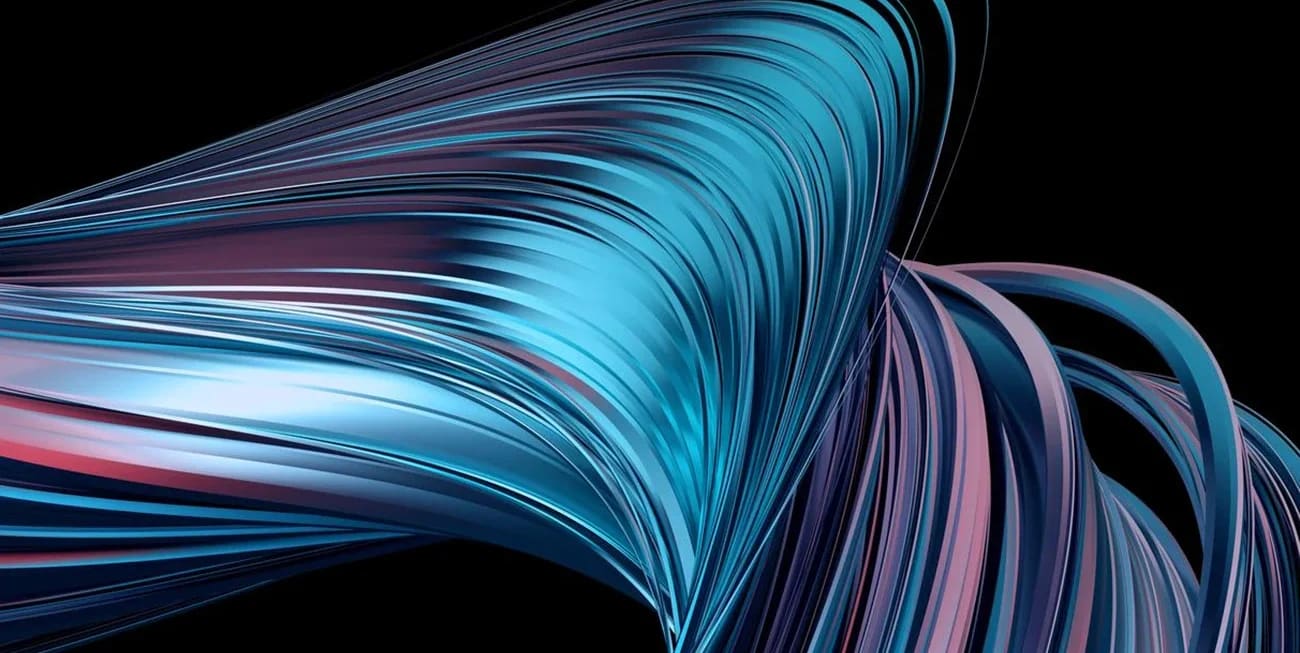 Abstract ribbons of blue and pink light twisting together on a black background