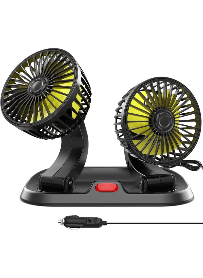 Premium 12V Dual Head Vehicle Fan with 360° Rotation and Dual Speed Settings Upgrade your vehicle comfort with this premium cooling fan featuring powerful airflow, full rotational