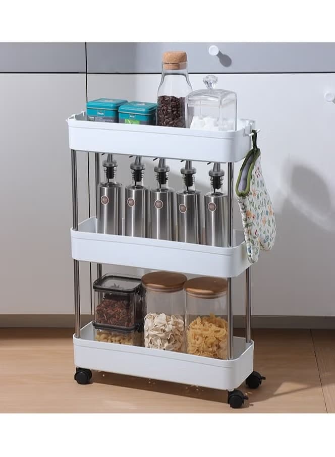 3-Tier Slim Mobile Shelving Unit on Wheels, Slide Out Rolling Bathroom Storage Organizer, Utility Carts Shelf Rack for Kitchen Bathroom Laundry Room Narrow Places, White