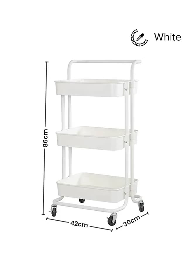 3-Tier Utility Cart Rolling Storage Shelf With Handles 2 Lockable Wheels White 86x42x30cm