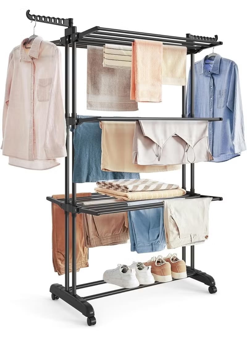 Clothes Drying Rack Stand 4-Tier, Foldable Laundry Drying Rack, Stainless Steel, Rolling Clothes Horses Dryer Rack, Easy to Assemble, Indoor Outdoor Use, Ink Black