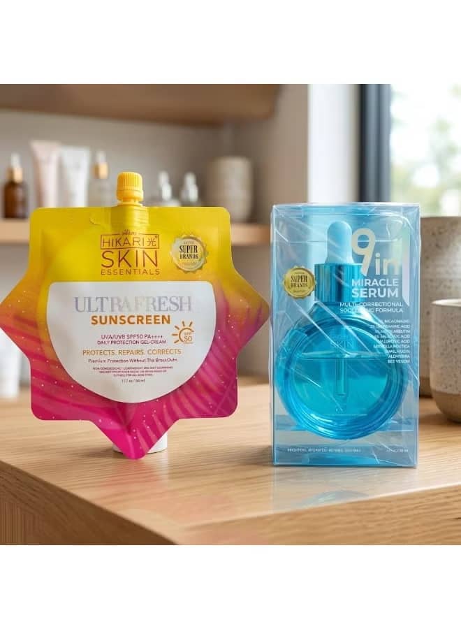 Ultra-Fresh Sunscreen & Miracle Serum Discover a refreshing skincare duo designed to protect, hydrate, brighten, soothe, and nourish your skin. Perfect for daily routines, these essentials