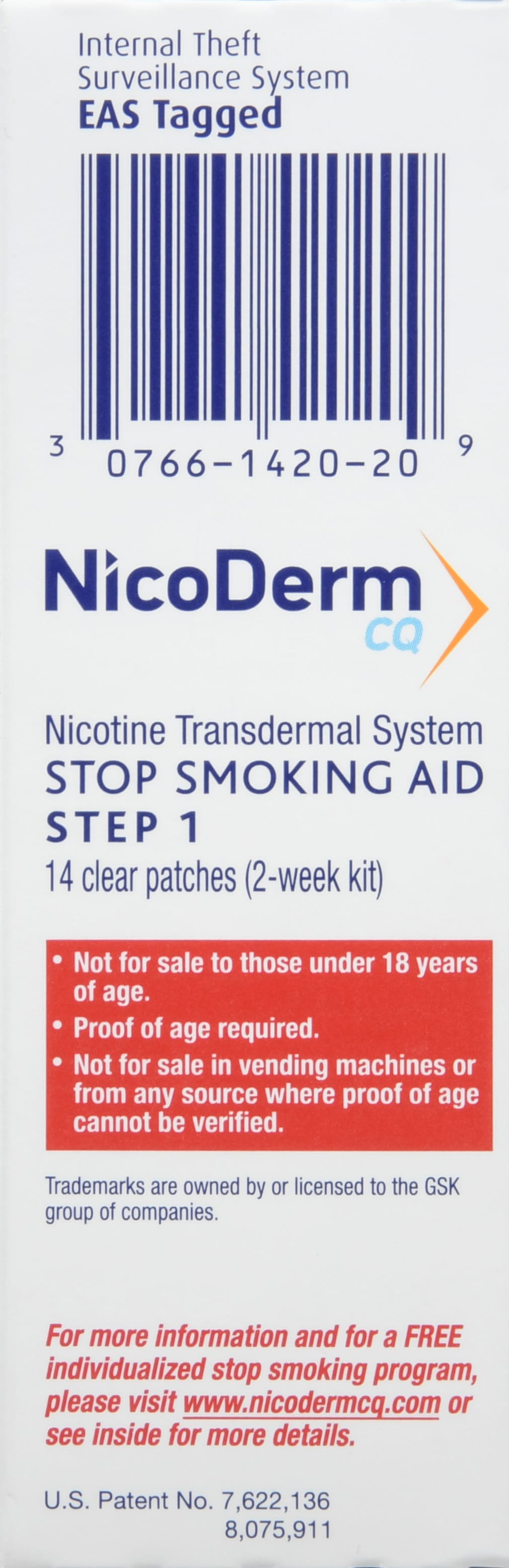 NicoDerm CQ Stop Smoking Aid Clear Patches Step 1 21mg 14 Count Optum
