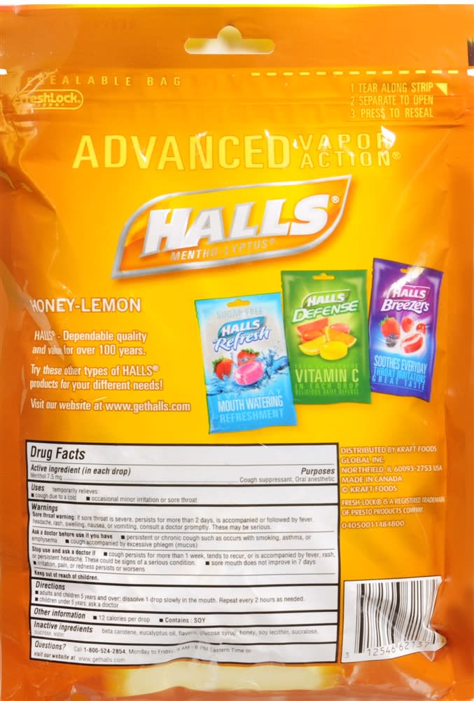 Halls Menthol Cough Suppressant Oral Anesthetic Drops HoneyLemon