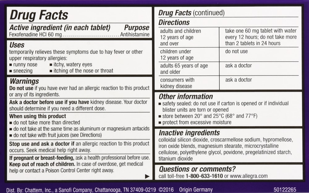 Allegra 12 Hour Allergy Relief NonDrowsy 60mg Tablets 12 Count