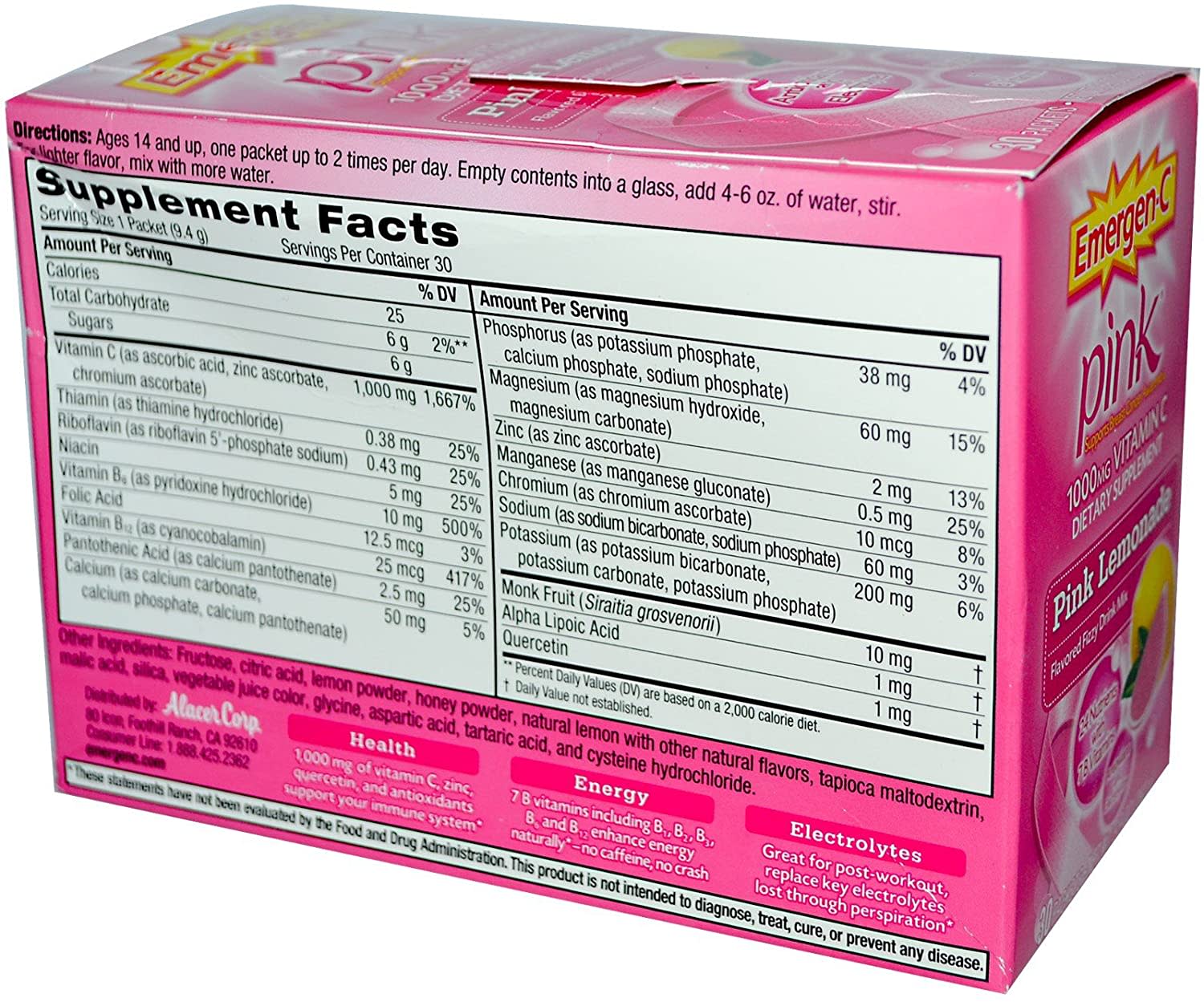 Emergen-C 1000 mg Vitamin C Fizzy Drink Mix, Pink Lemonade ...