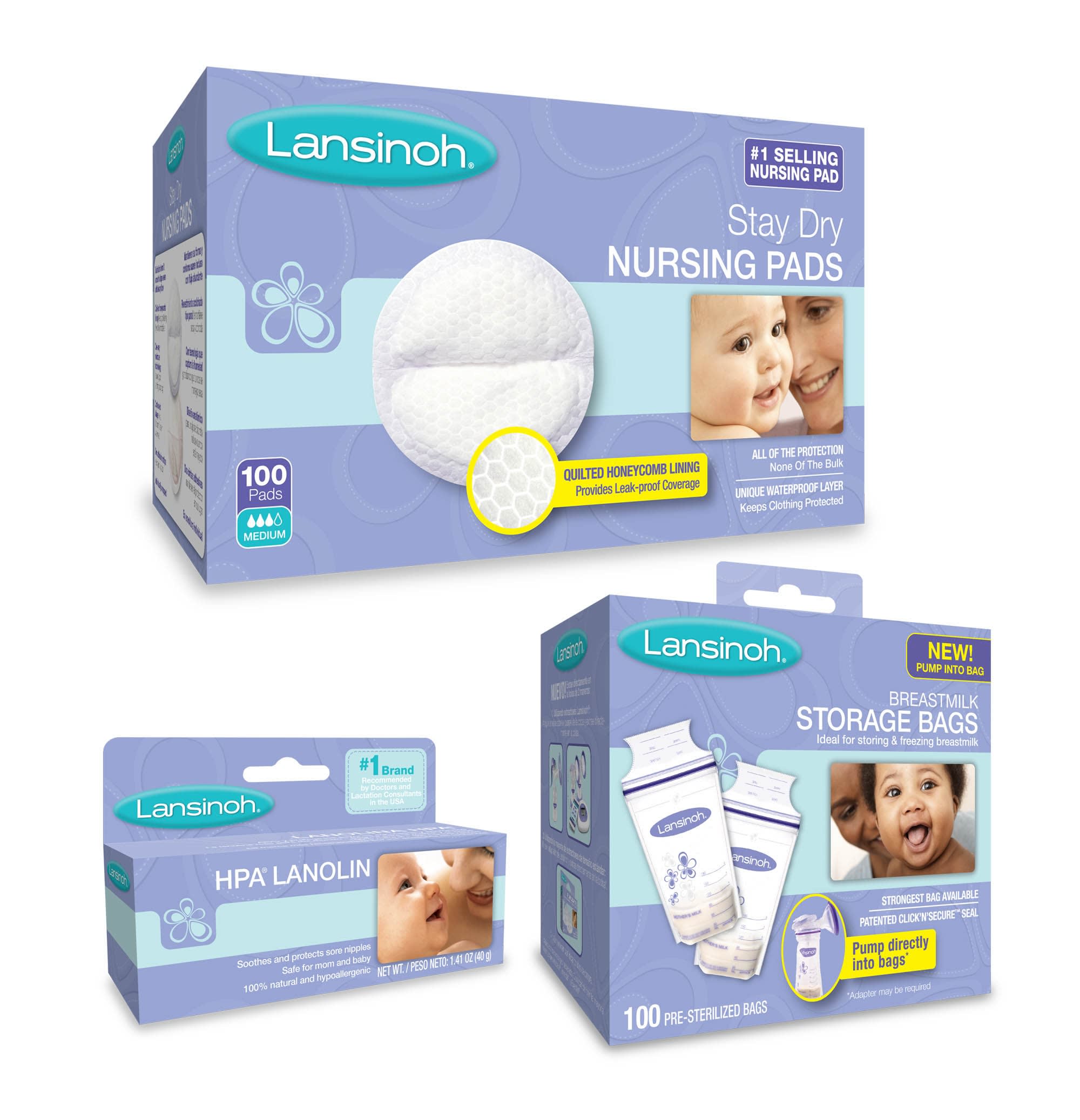 Lansinoh Stay Dry Nursing Pads And Breast Milk Storage Bags 100 Count Each  + New