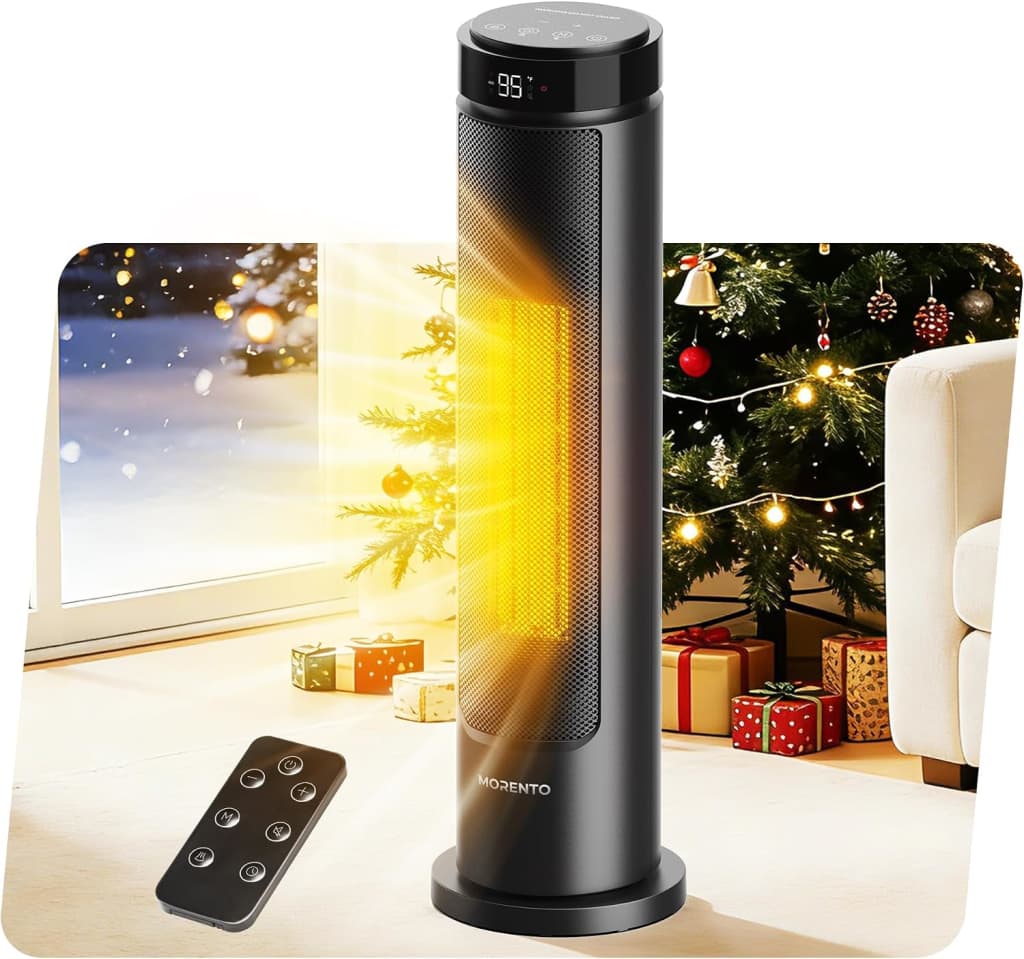 MORENTO Space Heater for Indoor Use, 1500W Ceramic Fast Heat, Electric Space Heater for Large Room with Remote, Thermostat, Digital Display, 5 Modes, 12H Timer, 70° Oscillation, 23dB Black 1 Pack