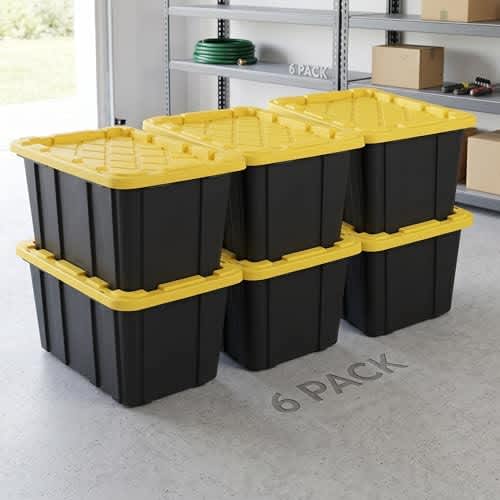 6 Pack 27 Gallon Heavy Duty Storage Bins with Snap Lids, Durable Plastic Storage Totes with Stackable Black Containers & Yellow Latching Covers for Home Garage Moving Organization
