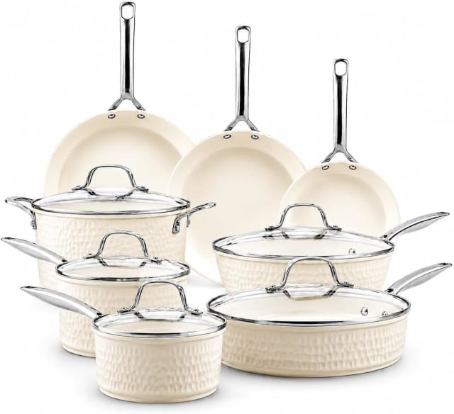 GOTHAM STEEL HAMMERED 13 Pc Titanium Ceramic Cookware Set Nonsitck, Cream