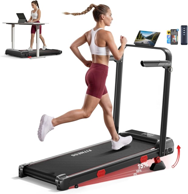 RHYTHM FUN 16% Incline Walking Pad, Handle Bar, 37.4" Running Belt, 300 LBS