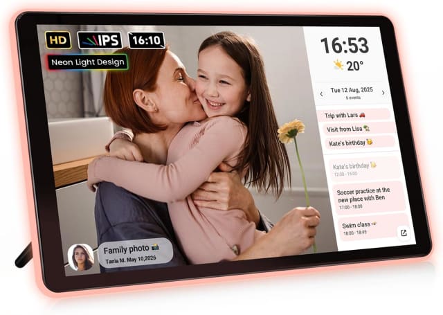 ApoloSign Neon Light Digital Picture Frame, Desk Digital Calendar, Auto-synced Schedule via Frameo App - 10.1" HD Touchscreen | AI Color-Changing LED | Share Photo/Video Instantly | Gift for Parents