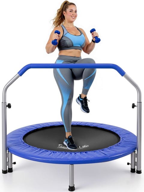 SereneLife 40" Foldable Mini Trampoline for Adults - Compact Fitness Rebounder with Adjustable Foam Handle, Exercise Trampoline with Max Load 330lbs, Indoor/Garden Whole-Body Workout