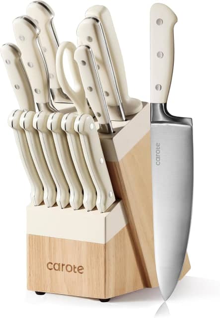 CAROTE 14-Piece Knife Set with Wood Block, Rust-Resistant, Cream