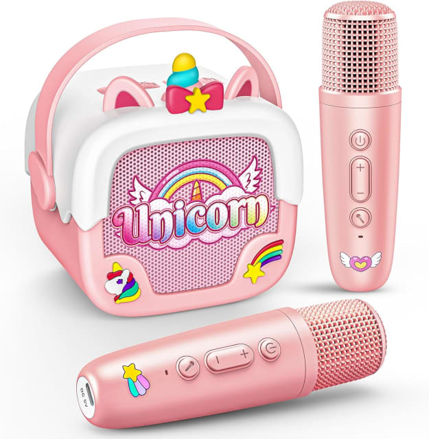 Mini Karaoke Machine for Kids Girls: Unicorn Portable Bluetooth Speakers with 2 Wireless Mic Birthday Gifts for 5 6 7 8 9 10 11 Years Teen Toys for Girls Age 4-6 7 8 9 Pink