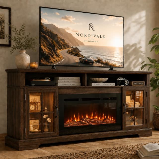 70" Fireplace TV Stand, Modern Entertainment Center for TVs Up to 80”, TV Console with Storage Cabinets, Media Console for Living Room, Brown TV Stand and Black Fireplace