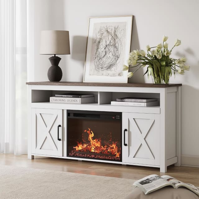 BELLEZE Corin 58" TV Stand with 23" Electric Fireplace - White