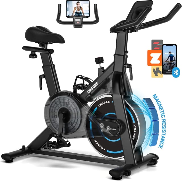 Exercise Bike, CHAOKE Quiet Adjustable Magnetic Resistance Stationary Bike for Home Cardio with App Compatible, 300LB Weight Capacity Indoor Cycling Bike with Comfortable Seat & Digital Display