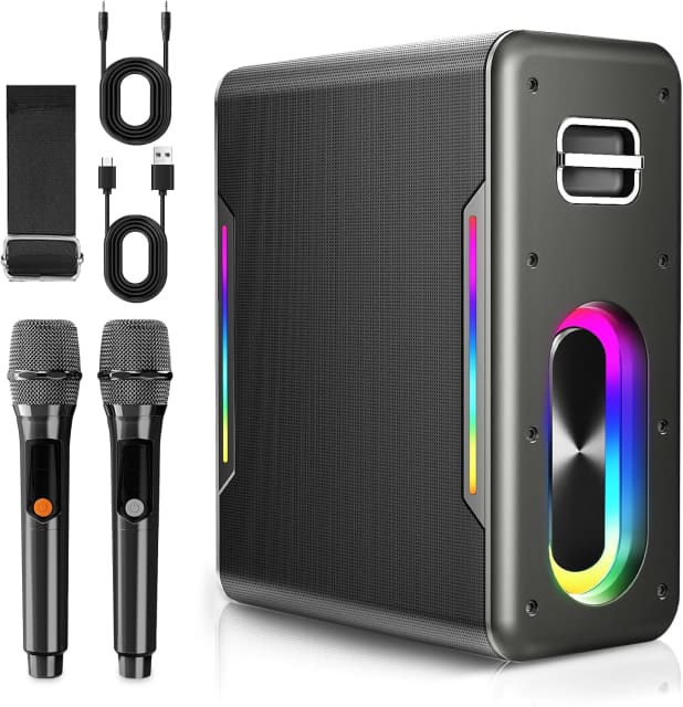 Portable Karaoke Machine, with 2 Wireless Microphones & LED Party Lights