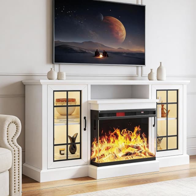 59'' TV Stand, 3 Sided Glass Media Entertainment Center Console Table for TVs up to 65'' with Glass Door, Adjustable Flame LED Color for Living Room, White