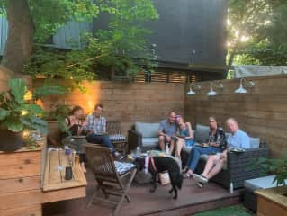 Back patio with fire place.