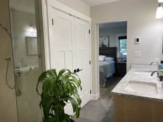Main floor bathroom, looking into master bedroom