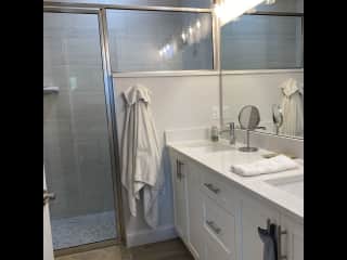 Master bath double vanity with walk-in shower