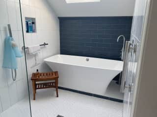 Primary bath shower and soaking tub