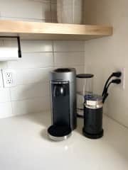 nespresso machine for coffee (french press and beehouse pour-over also available)