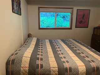 Our first bedroom has a king-sized European Sleepworks bed and pillows, all-cotton bedding, down comforter, salt lamps, blackout shades, and a window looking into the forest.