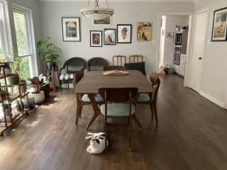 Dining room with a view of an enclosed courtyard.