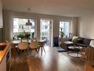 the kitchen and living room area are connected