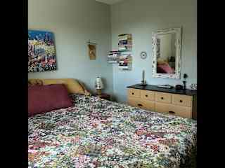 Guestroom with queen bed, closet and dresser.