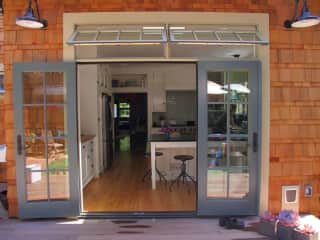 View into kitchen from back yard