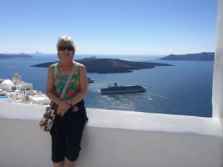 On Santorini with cruise ship in background!