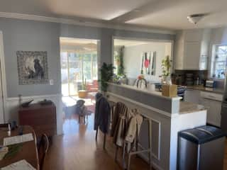 Open kitchen looking into living room and backyard