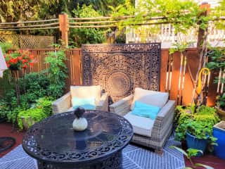 Front deck with fire pit...sit and relax. Needs watering but that is so relaxing in its self plus you get to nibble on the veggies, herbs and fruit.