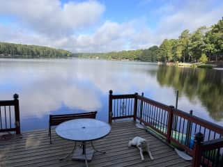 Umbrella table on dock has bench behind it for lake level views. Custom made kayak launch is to the right. Getting in and of kayak is so easy!