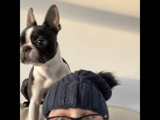 Louisa with our Boston, 1 year old….watching the TV together!
