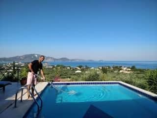 Maintaining the pool at our pet sit with three dogs and a cat (Zakynthos, Greece, July 2018)