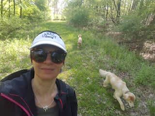 Me with Chance and Goldie off leash in nature