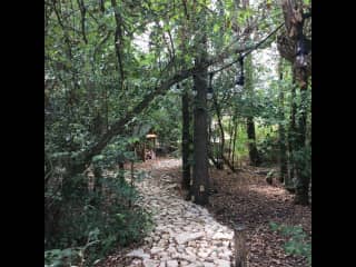 The woodland walk to the sauna - it’s all fairy lit at night